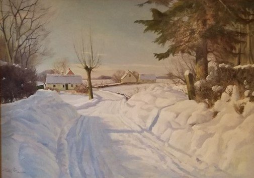 Høsterkøb malet i sne af Harald Pryn omkring 1925