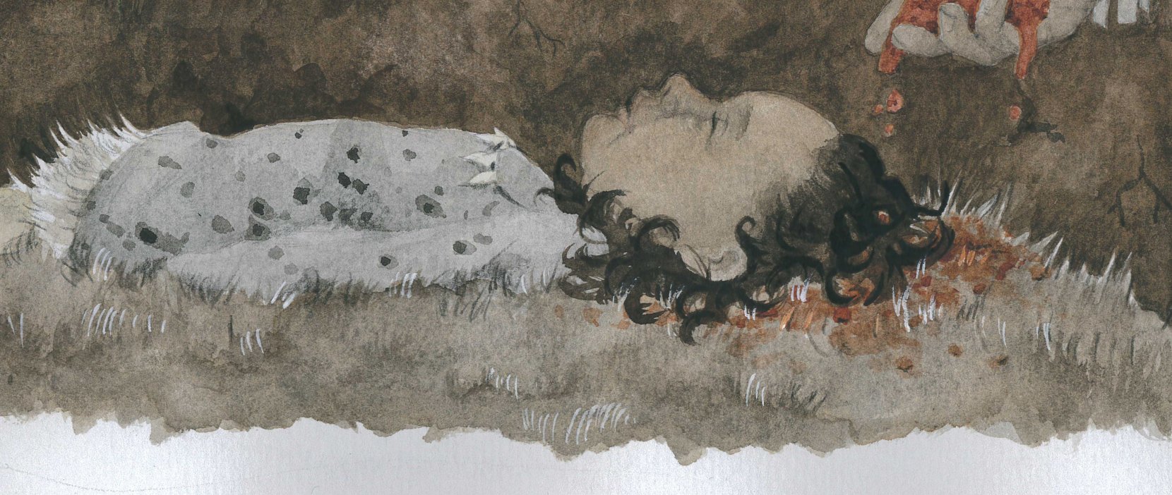 Gravlæggelsen af en lille pige i jægerstenalderen. Tegning Anna Vebæk Gelskov
