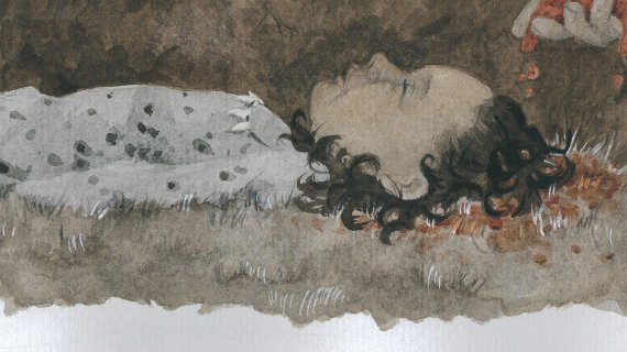 Gravlæggelsen af en lille pige i jægerstenalderen. Tegning Anna Vebæk Gelskov
