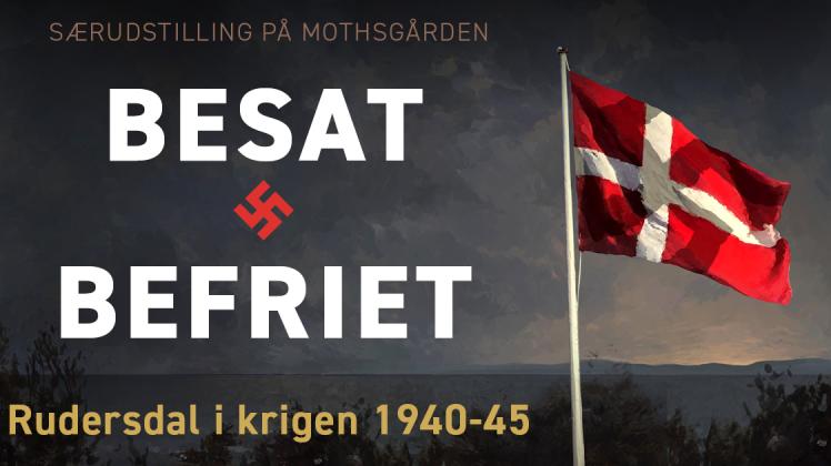 dannebrog på mørk baggrund med hagekors udstillings besat og befriet